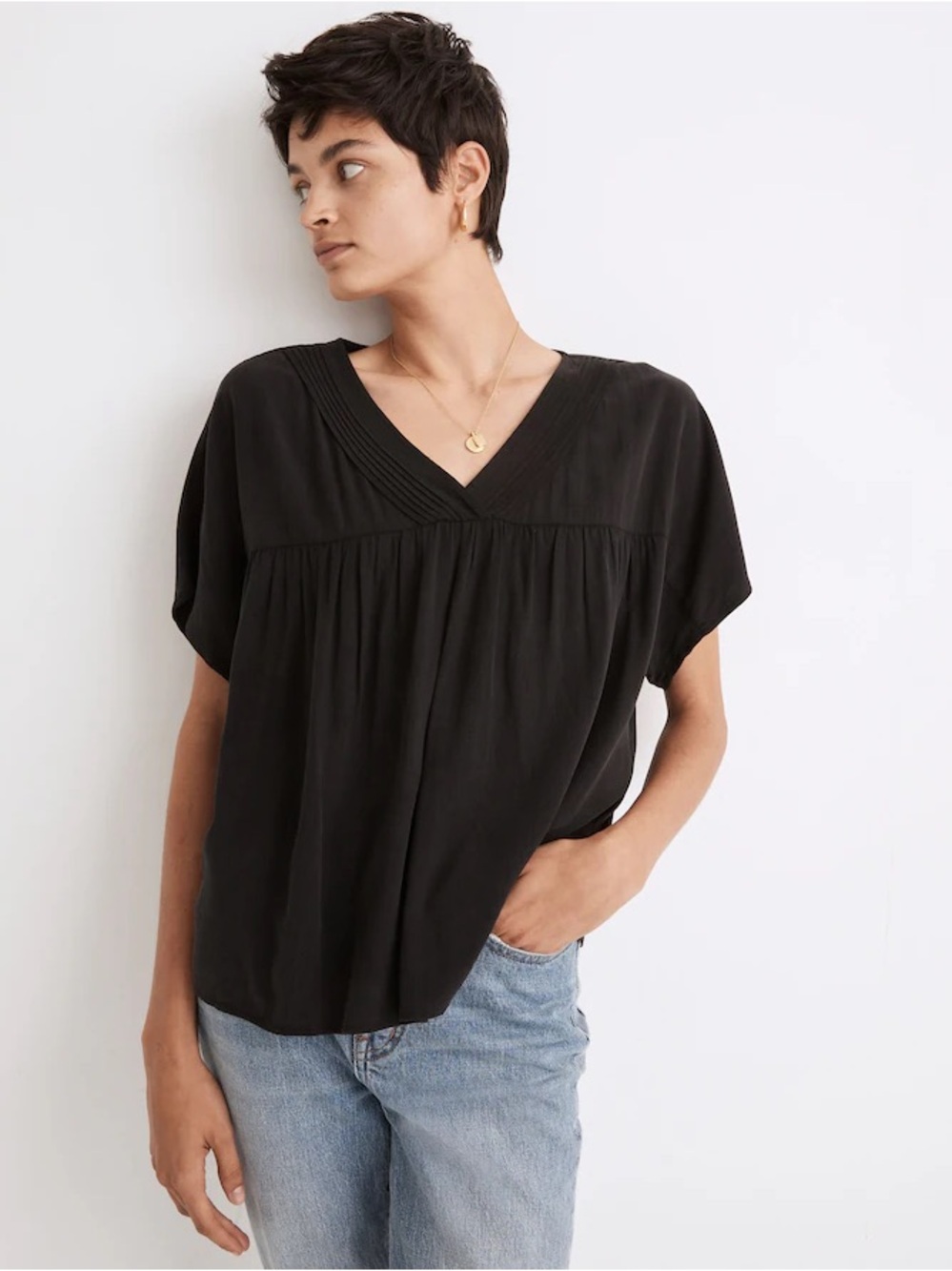 Madewell lusterweave pintuck short sleeve top black size XL